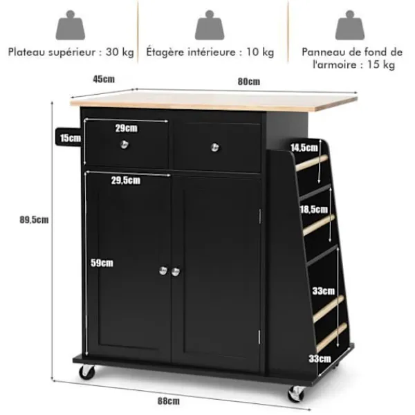 COSTWAY Sideboards>Köksvagn på hjul med Rubberwood Top Island Serveringsvagn med kryddställ och lådor Svart