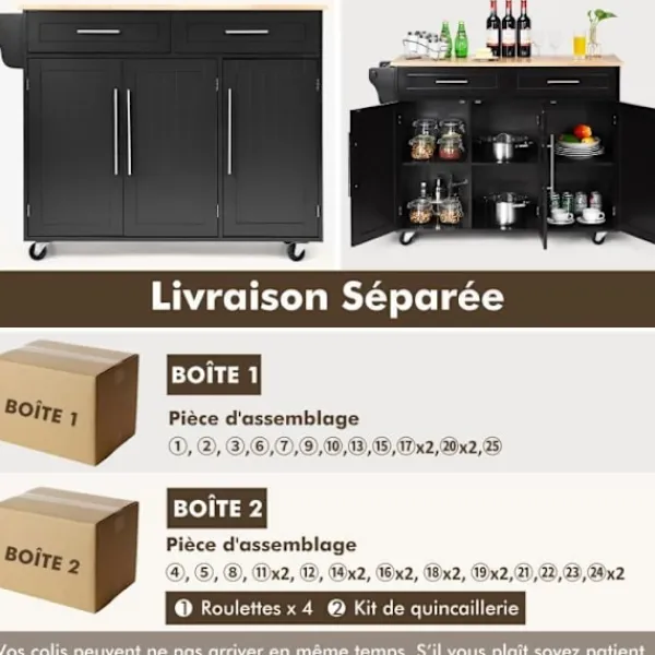 COSTWAY Köksö>köksvagn/vagn, köksö med knivhållare, handduksställ, 3 dörrar och 2 lådor, svart
