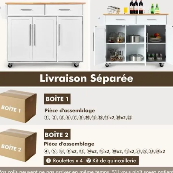 COSTWAY Köksö>köksvagn/vagn, köksö med knivhållare, handduksställ, 3 dörrar och 2 lådor, vit