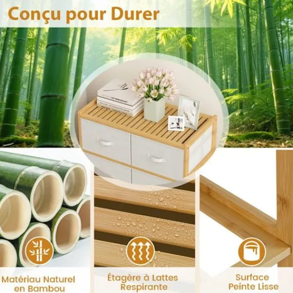 COSTWAY Byråer>Kommode med 6 Skuffer i Tøj med Bamboostruktur, Foldbare Tøjbægre, til Skab, Stue, Entré, 66 x 35 x 78,5 cm
