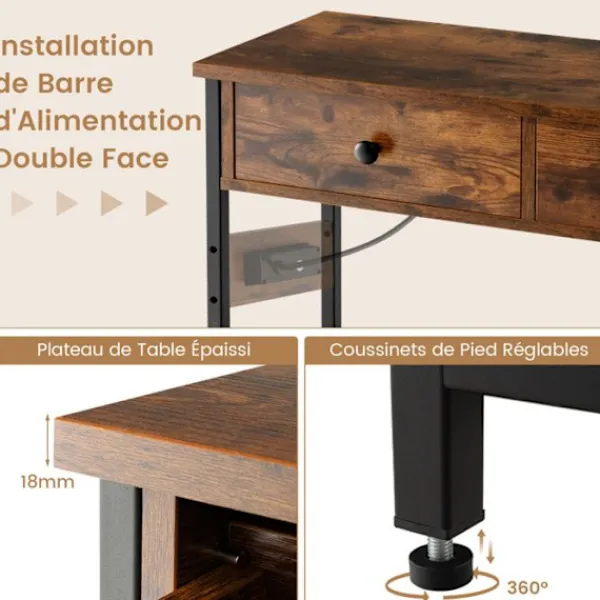 COSTWAY Sideboards>konsolbord - 2 USB-portar (5V-2A) och 2 3-hålsuttag - industriell stil, 2 lådor, 2 hyllor Brun