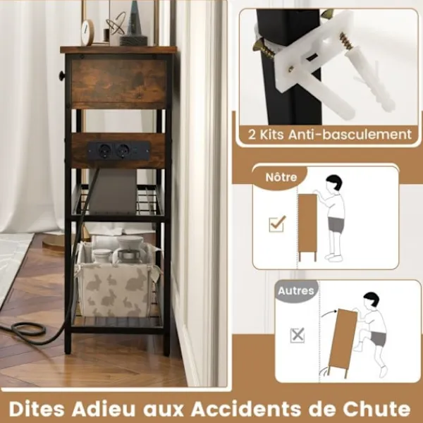 COSTWAY Sideboards>konsolbord - 2 USB-portar (5V-2A) och 2 3-hålsuttag - industriell stil, 2 lådor, 2 hyllor Brun