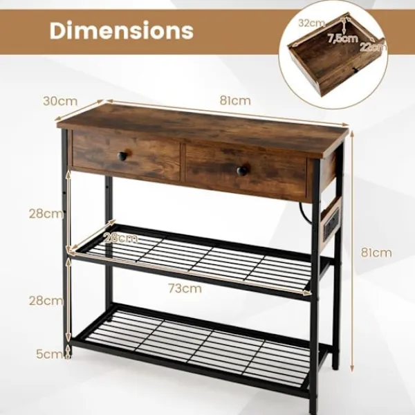 COSTWAY Sideboards>konsolbord - 2 USB-portar (5V-2A) och 2 3-hålsuttag - industriell stil, 2 lådor, 2 hyllor Brun