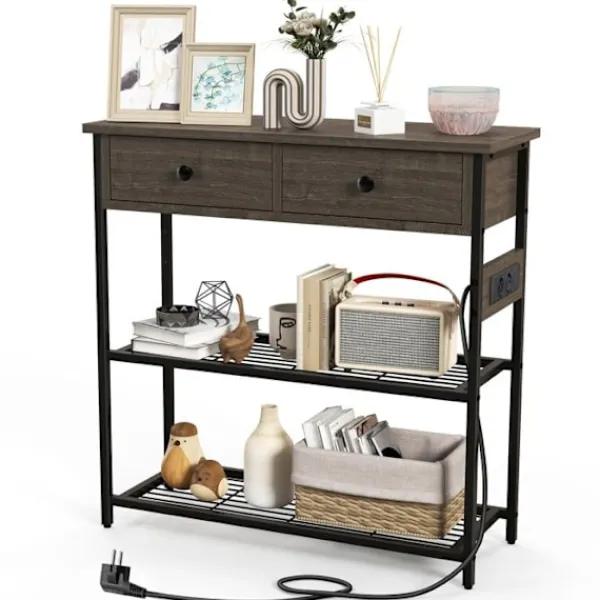 COSTWAY Sideboards>konsolbord - 2 USB-portar (5V-2A) och 2 3-hålsuttag - Industriell stil - 2 lådor - 2 hyllor -