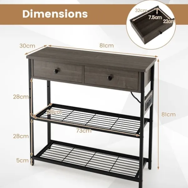 COSTWAY Sideboards>konsolbord - 2 USB-portar (5V-2A) och 2 3-hålsuttag - Industriell stil - 2 lådor - 2 hyllor -