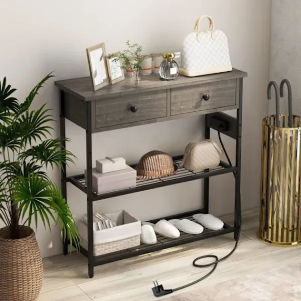 COSTWAY Sideboards>konsolbord - 2 USB-portar (5V-2A) och 2 3-hålsuttag - Industriell stil - 2 lådor - 2 hyllor -