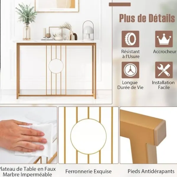 COSTWAY Småbord>Konsolbord, Entrémöbel med marmoreffekt 120 x 30 x 80,5 CM (L x B x H) - Guldmetallram, skandinavisk stil