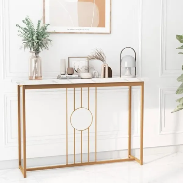 COSTWAY Småbord>Konsolbord, Entrémöbel med marmoreffekt 120 x 30 x 80,5 CM (L x B x H) - Guldmetallram, skandinavisk stil