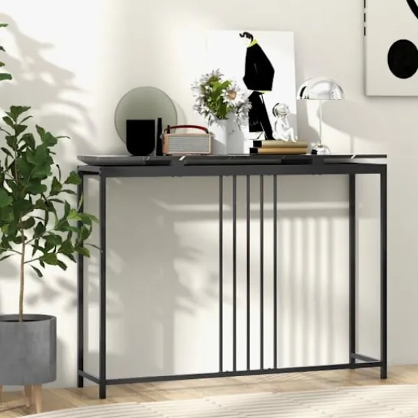 COSTWAY Småbord>konsolbord, hall med marmoreffekt - 120 x 30 x 90 CM (L x B x H) Stålstomme - Modern Enkel Stil Svart
