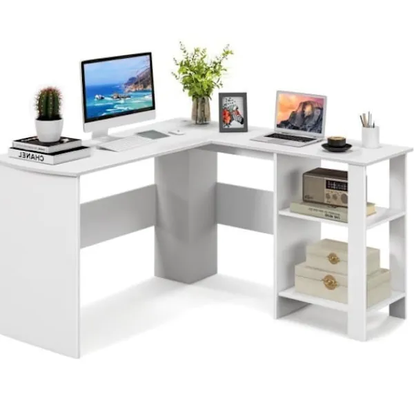 COSTWAY Kontorsmöbler>L-format hörnskrivbord - B 130 x D 130 x H 74 CM - 2-vånings förvaringshyllor - Moderna -