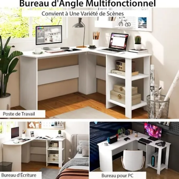 COSTWAY Kontorsmöbler>L-format hörnskrivbord - B 130 x D 130 x H 74 CM - 2-vånings förvaringshyllor - Moderna -