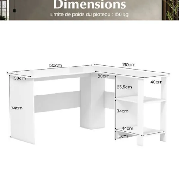 COSTWAY Kontorsmöbler>L-format hörnskrivbord - B 130 x D 130 x H 74 CM - 2-vånings förvaringshyllor - Moderna -