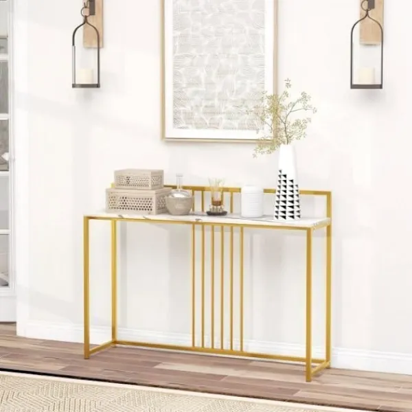 COSTWAY Småbord>Marble Print Console Bord - 120 x 32,5 x 88 CM - Guld Metallram Modern skandinavisk stil hallmöbler