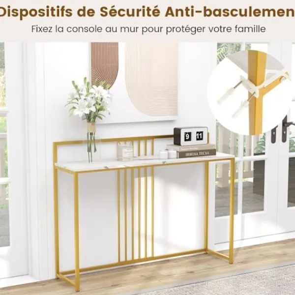 COSTWAY Småbord>Marble Print Console Bord - 120 x 32,5 x 88 CM - Guld Metallram Modern skandinavisk stil hallmöbler