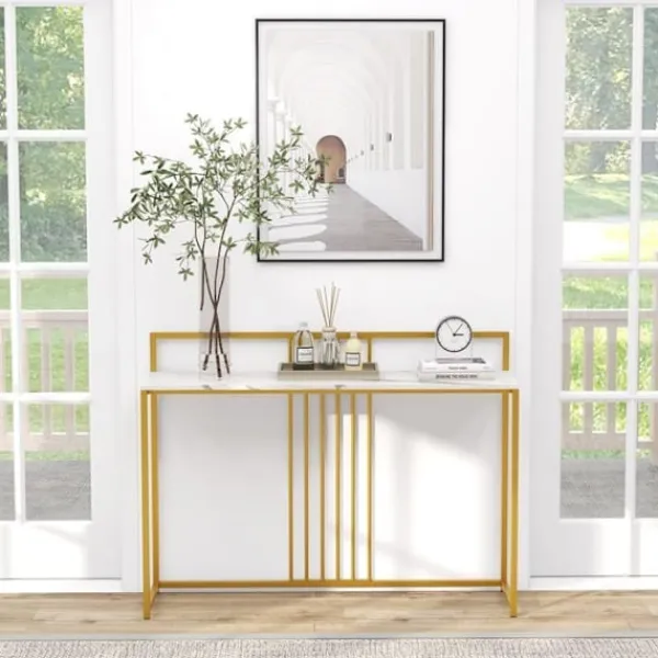 COSTWAY Småbord>Marble Print Console Bord - 120 x 32,5 x 88 CM - Guld Metallram Modern skandinavisk stil hallmöbler