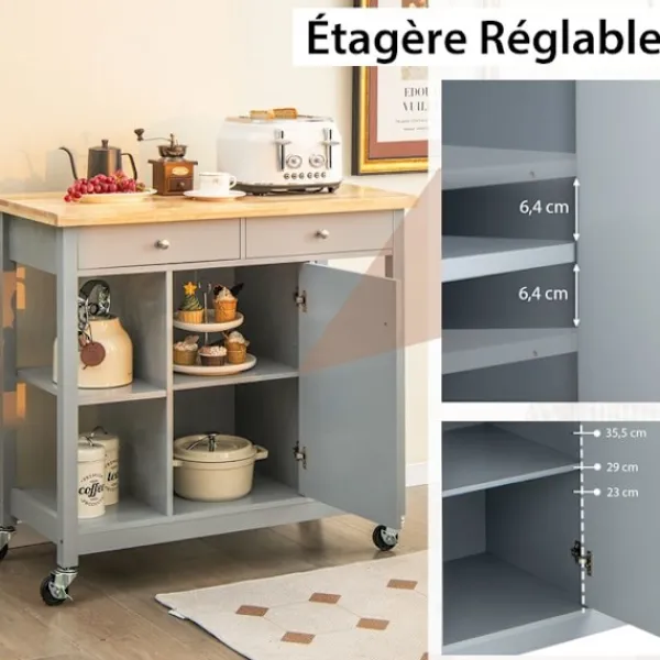 COSTWAY Sideboards>Mobil köksvagn, gummiträskiva, köksö, 4 öppna hyllor, 2 lådor, serveringsvagn