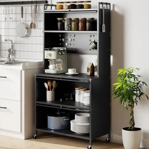 COSTWAY Sideboards>5-nivåers köksbuffé med ljus, dubbeldörrar, perforerad panel, krokar, 4 hjul eller justerbara fötter,