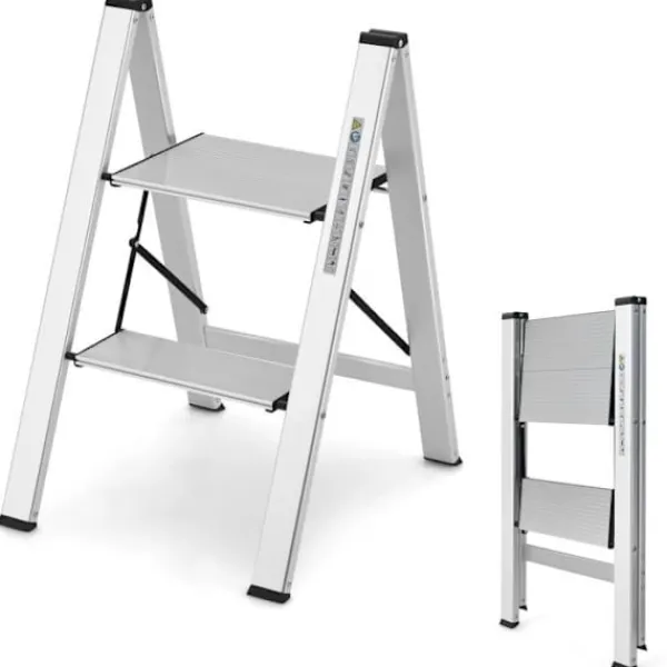 Balkongmöbler>COSTWAY Portabel 2-Stegs Hopfällbar Aluminiumstege med Bred Plattform Halkfria Gummifötter Lastkapacitet 150 kg