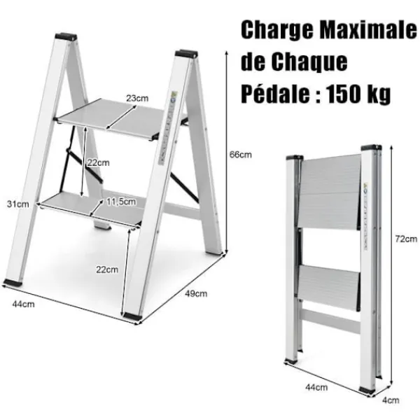 Balkongmöbler>COSTWAY Portabel 2-Stegs Hopfällbar Aluminiumstege med Bred Plattform Halkfria Gummifötter Lastkapacitet 150 kg
