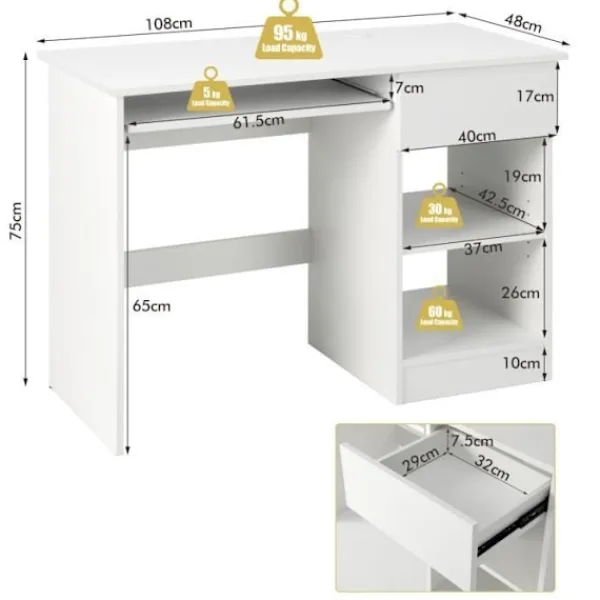COSTWAY Kontorsmöbler>rakt skrivbord 108 x 48 x 75 CM (L x B x H) - skjutbart tangentbordsfack, 1 stor låda, 1 justerbar och avtagbar hylla Vit