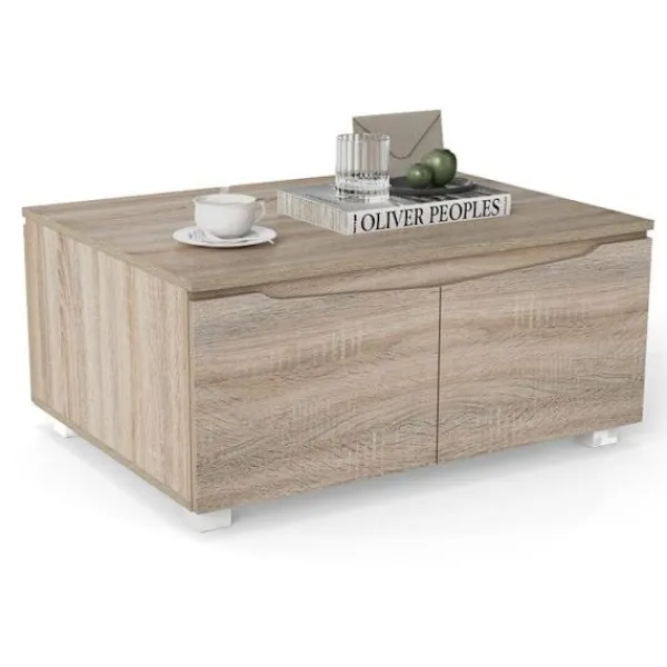 COSTWAY Soffbord>Rektangulärt Salongsbord, 4 Dörrar med Dubbelöppning, Halkfria Fötter, Skåp, Sido Bord 80 x 60 x 37 cm