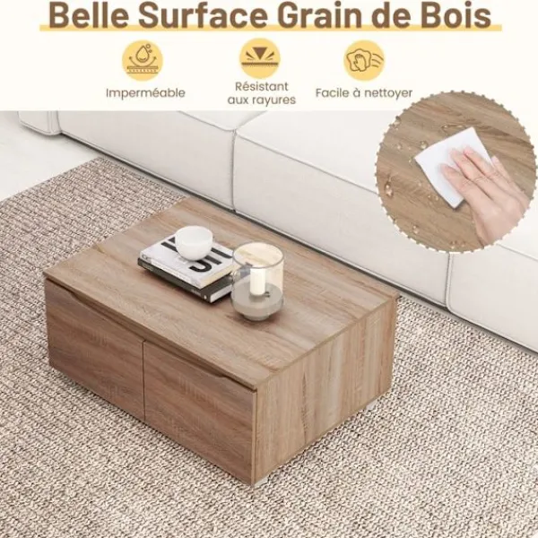 COSTWAY Soffbord>Rektangulärt Salongsbord, 4 Dörrar med Dubbelöppning, Halkfria Fötter, Skåp, Sido Bord 80 x 60 x 37 cm