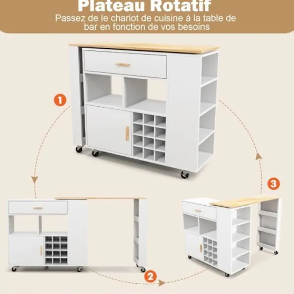 COSTWAY Köksö>Rolling Kitchen Island Dessert med låda justerbar hylla Barbord med 12 flaskor vinställ Kryddställ