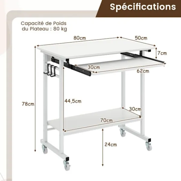 COSTWAY Kontorsmöbler>Rullande Datorbord 80x50x78cm, med Utdragbart Tangentbord, 3 Krok, Förvaringshylla, Vit