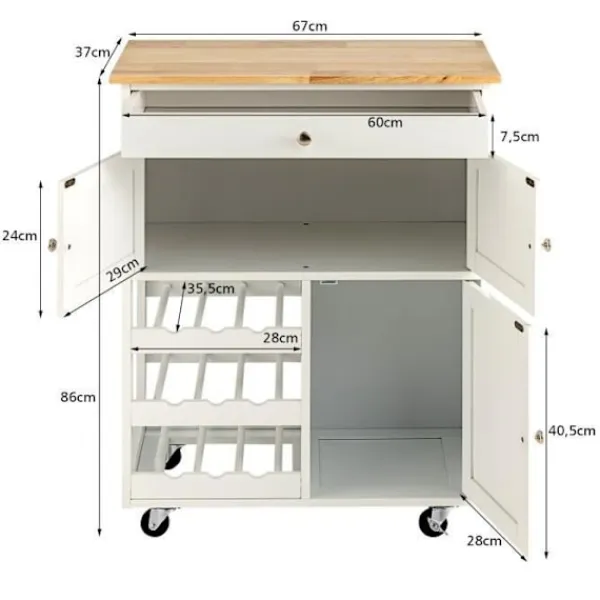 COSTWAY Sideboards>Rullande köksvagn med toppservering av gummiträ Köksvagn med låda och flaskhållare