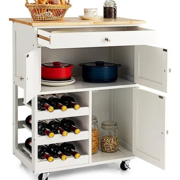 COSTWAY Sideboards>Rullande köksvagn med toppservering av gummiträ Köksvagn med låda och flaskhållare
