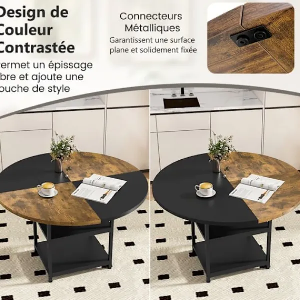 COSTWAY Matgrupper>Rund Matbord i Trä 119 cm för 4-6 Personer - Tvåfärgad Design med Block, 2 Hyllor & Metallben