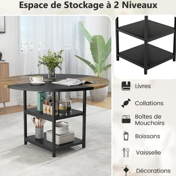 COSTWAY Matgrupper>Rund Matbord i Trä 119 cm för 4-6 Personer - Tvåfärgad Design med Block, 2 Hyllor & Metallben