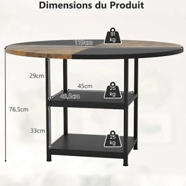 COSTWAY Matgrupper>Rund Matbord i Trä 119 cm för 4-6 Personer - Tvåfärgad Design med Block, 2 Hyllor & Metallben