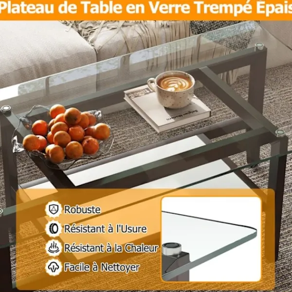 COSTWAY Soffbord>Skrivbord i Glas med 2 Nivåer, Ben i Gummiträ, Rektangulärt Väggbord på 107 cm för Kontor