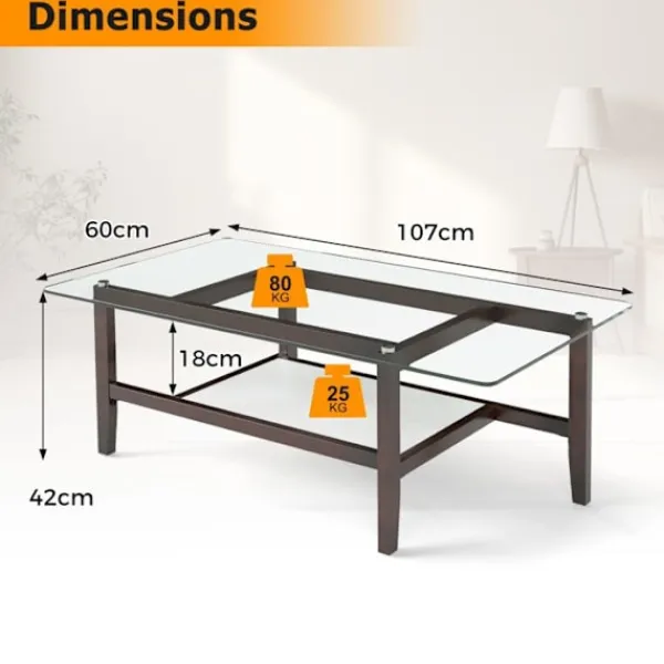 COSTWAY Soffbord>Skrivbord i Glas med 2 Nivåer, Ben i Gummiträ, Rektangulärt Väggbord på 107 cm för Kontor