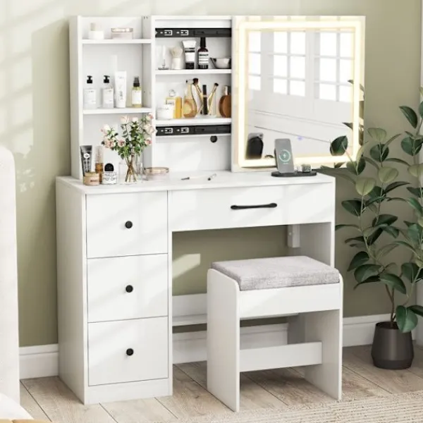 COSTWAY Sminkbord>Skrivbord med Spegel och Pall, Justerbar Ljusfärg, Laddningsstation, 4 Lådor, Förvaringshyllor