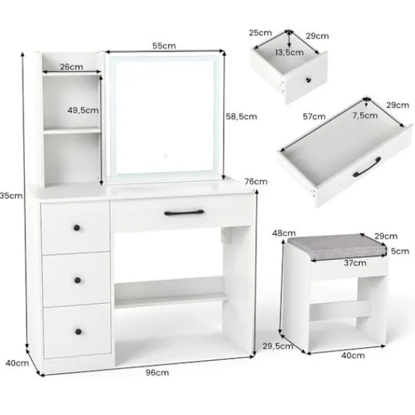 COSTWAY Sminkbord>Skrivbord med Spegel och Pall, Justerbar Ljusfärg, Laddningsstation, 4 Lådor, Förvaringshyllor