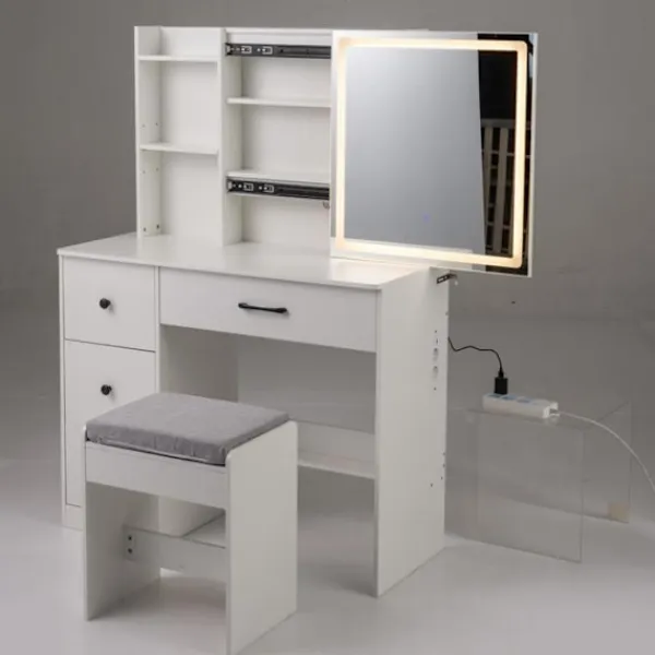 COSTWAY Sminkbord>Skrivbord med Spegel och Pall, Justerbar Ljusfärg, Laddningsstation, 4 Lådor, Förvaringshyllor