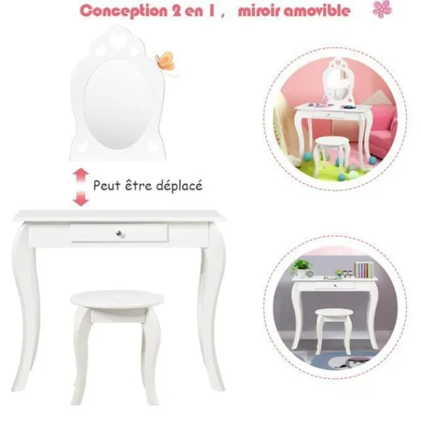 COSTWAY Sminkbord>Sminkbord för barn med spegel, inklusive sminkbord och pall, avtagbar skiva,