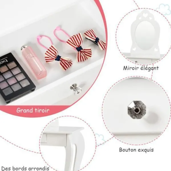 COSTWAY Sminkbord>Sminkbord för barn med spegel, inklusive sminkbord och pall, avtagbar skiva,