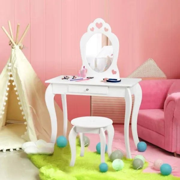 COSTWAY Sminkbord>Sminkbord för barn med spegel, inklusive sminkbord och pall, avtagbar skiva,