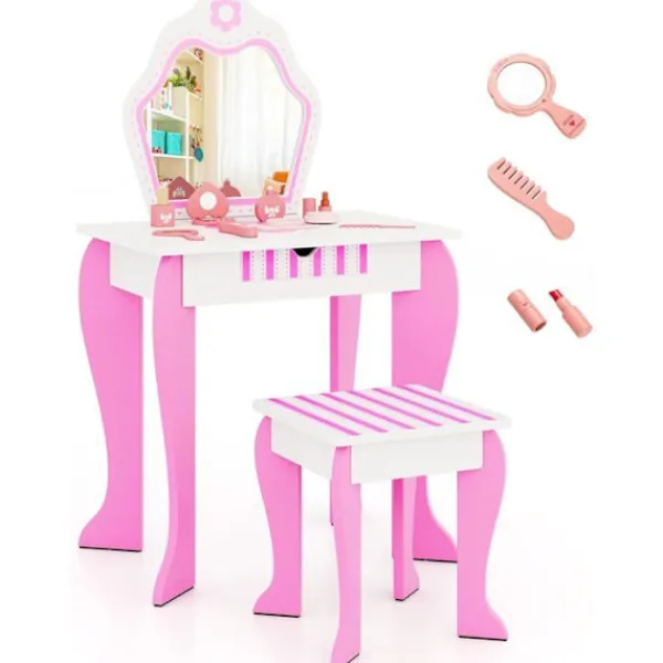 COSTWAY Sminkbord>Sminkbord för barn med spegel och träpall - Princess Style Present för tjejer Rosa