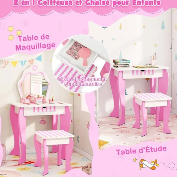 COSTWAY Sminkbord>Sminkbord för barn med spegel och träpall - Princess Style Present för tjejer Rosa