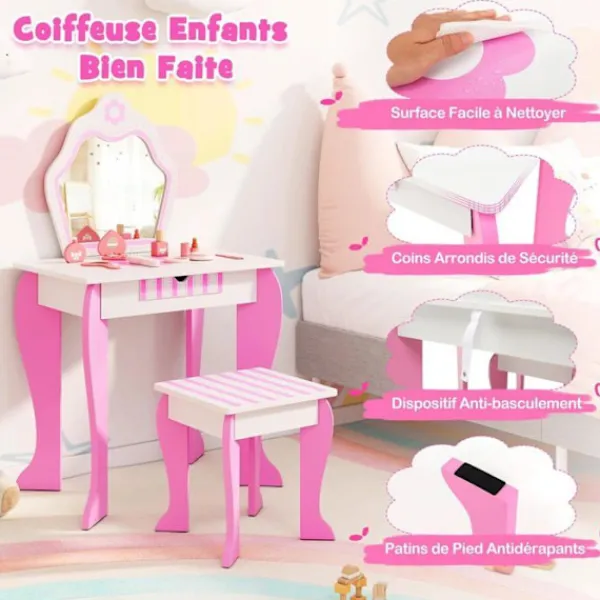 COSTWAY Sminkbord>Sminkbord för barn med spegel och träpall - Princess Style Present för tjejer Rosa