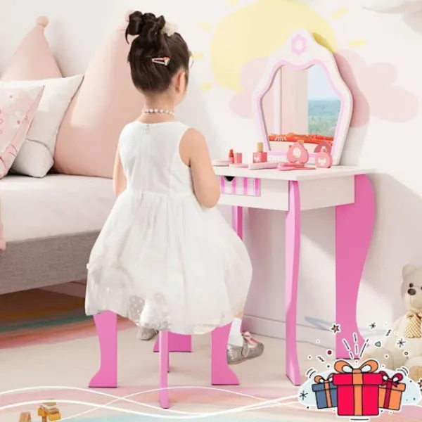 COSTWAY Sminkbord>Sminkbord för barn med spegel och träpall - Princess Style Present för tjejer Rosa