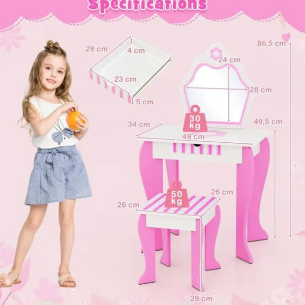 COSTWAY Sminkbord>Sminkbord för barn med spegel och träpall - Princess Style Present för tjejer Rosa