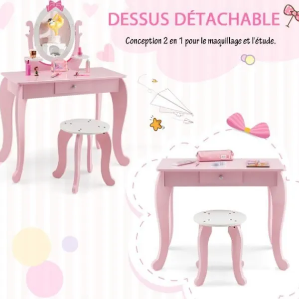 COSTWAY Sminkbord>sminkbord för barn med pall, sminkbord i trä med roterande oval spegel, låda och 2 hyllor, rosa