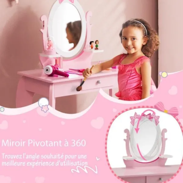 COSTWAY Sminkbord>sminkbord för barn med pall, sminkbord i trä med roterande oval spegel, låda och 2 hyllor, rosa