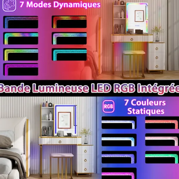 COSTWAY Sminkbord>Sminkbord med pall och spegel, dimbar RGB LED-lampa, trådlös laddningsstation, USB, Type-C, Fjärrkontroll,