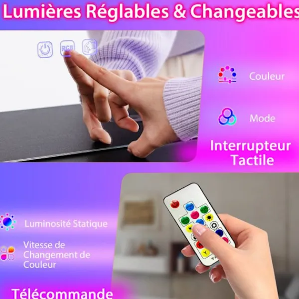 COSTWAY Sminkbord>Sminkbord med pall och spegel, dimbar RGB LED-lampa, trådlös laddningsstation, USB, Type-C, Fjärrkontroll,